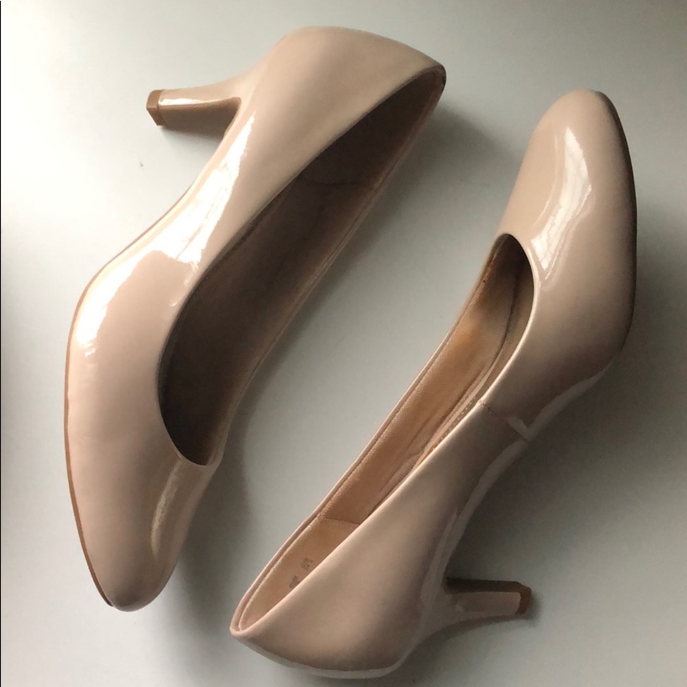 Nude patent leather kitten heels